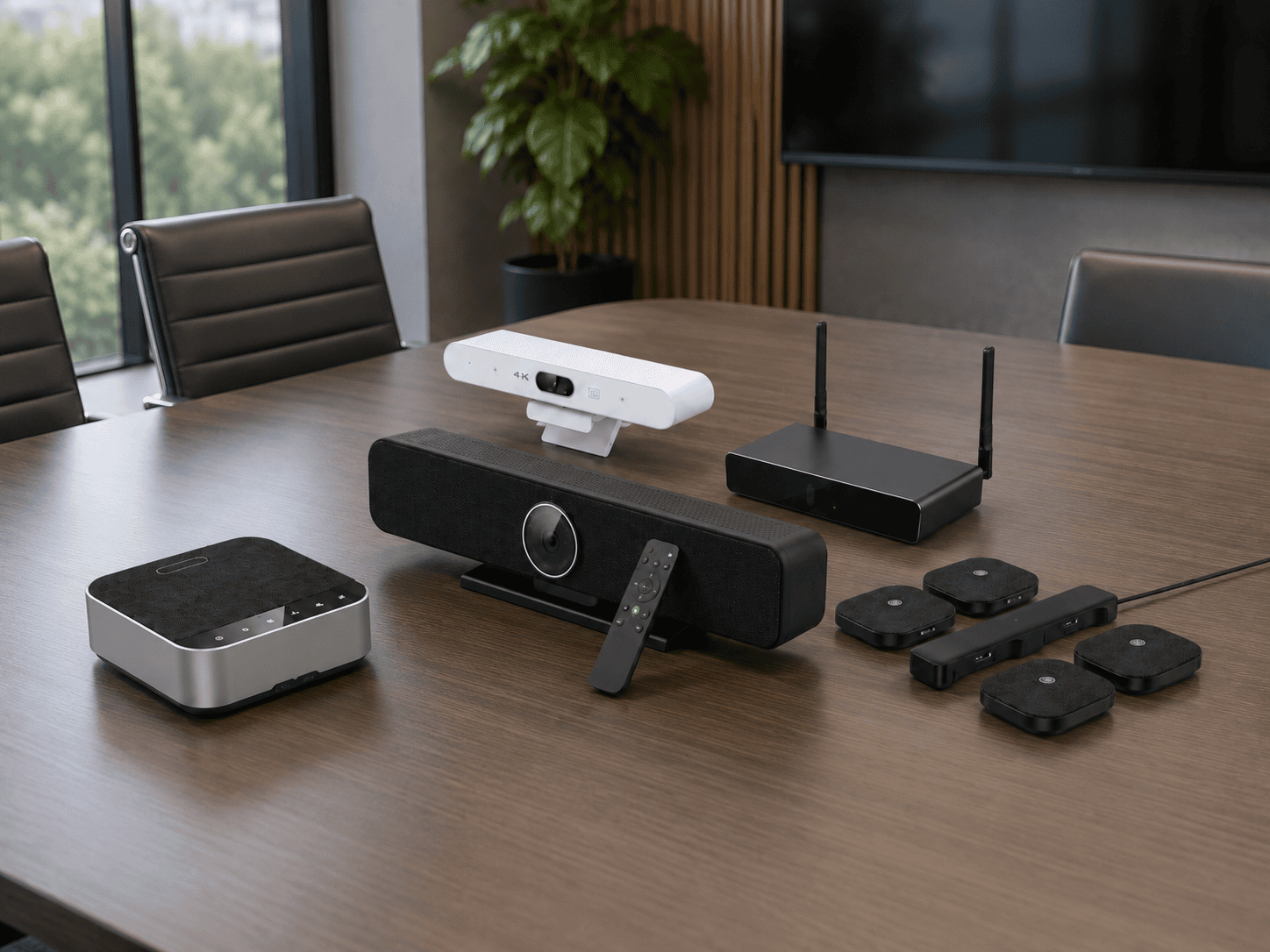 Video conferencing equipment showcase with video bars, camera, wireless microphones, presentation hub and room accessories