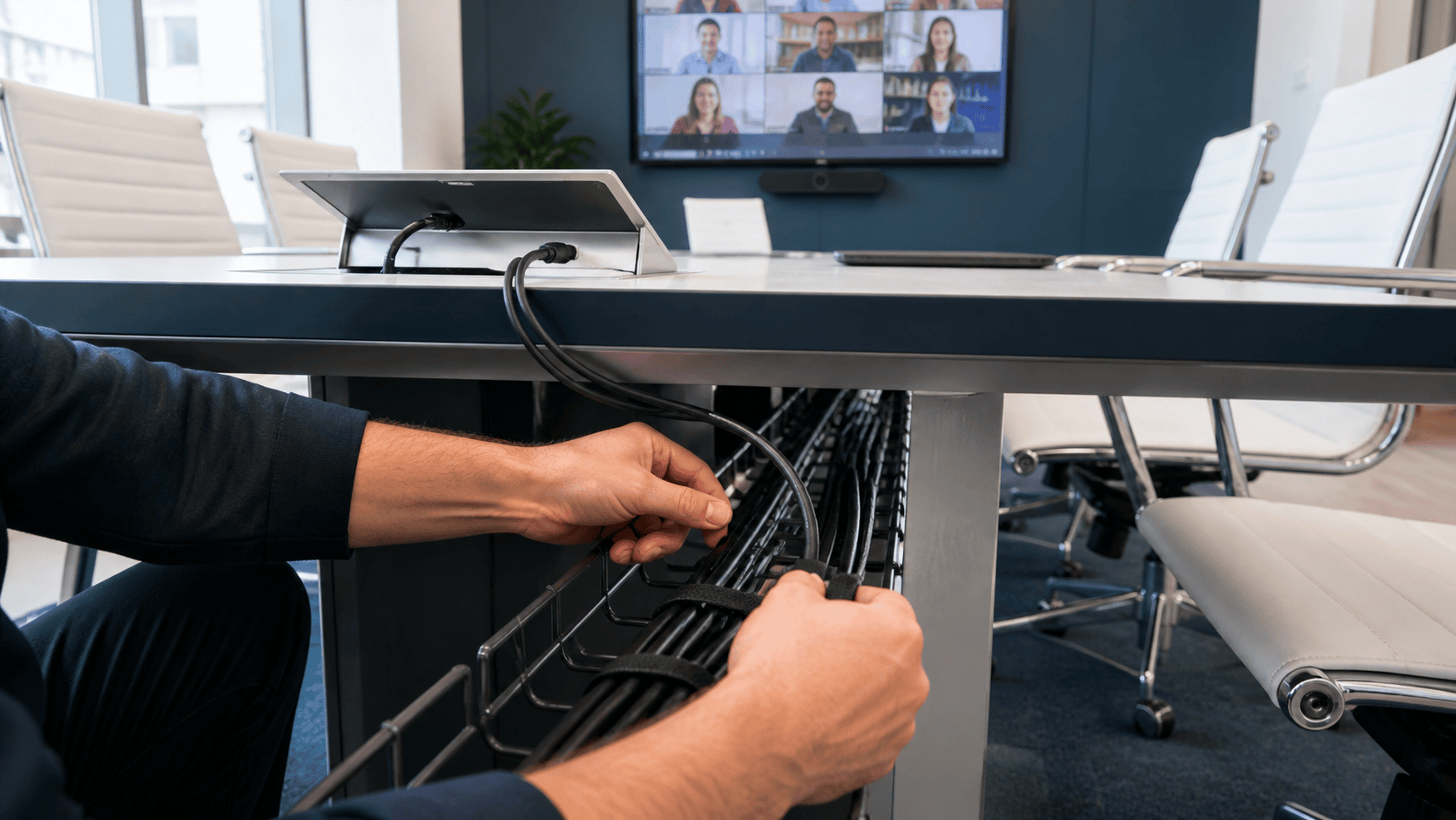 Technician organising low-voltage AV and data cabling beneath a meeting-room table