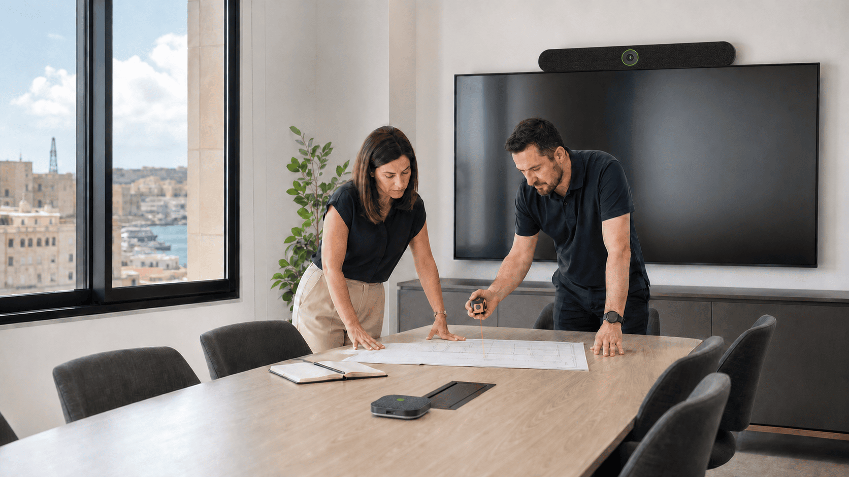Meeting-room consultant and facilities manager reviewing room plans beside a correctly mounted TB6X video bar and wireless table microphone