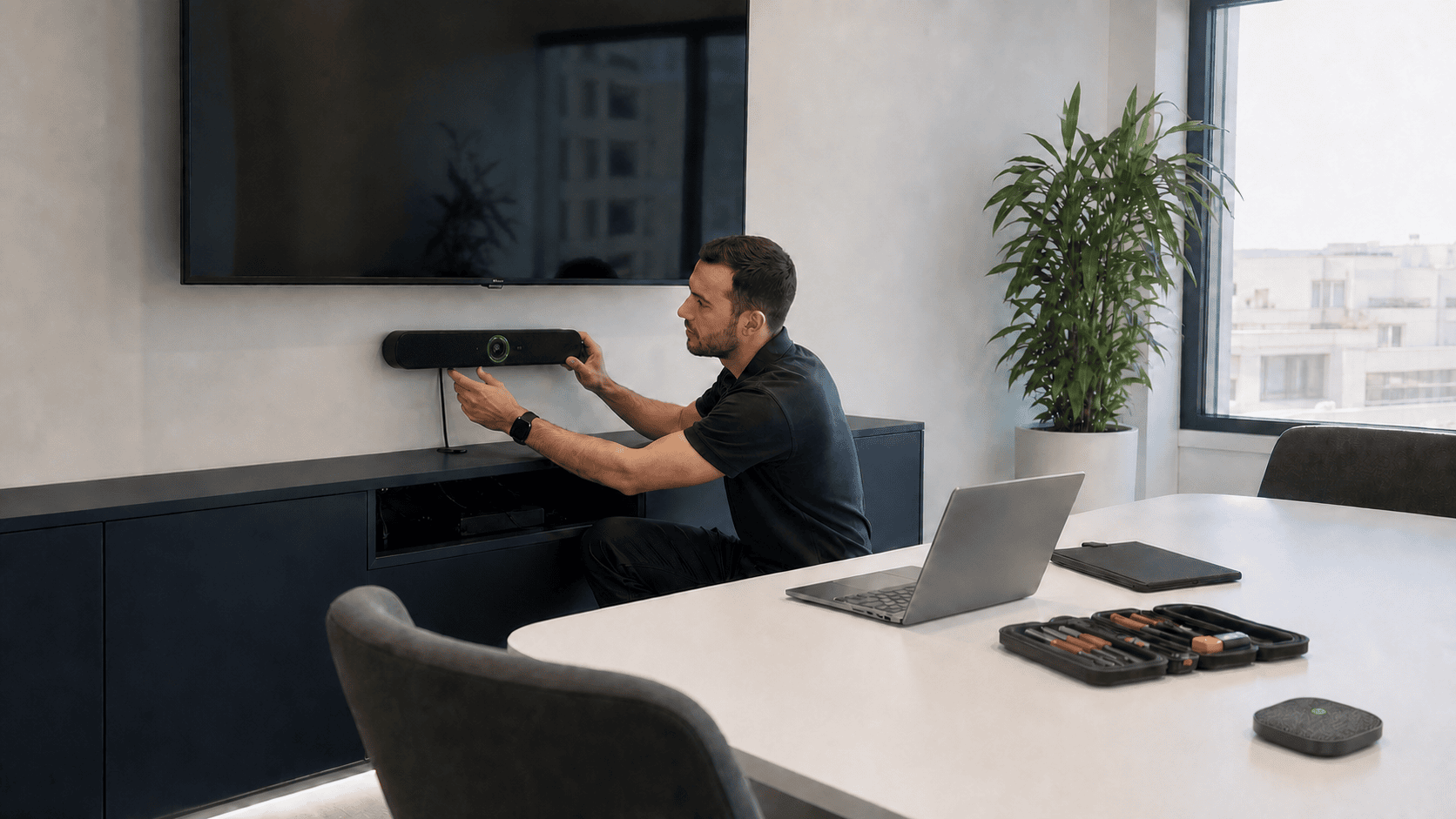 AV technician installing and aligning a TB6X video conferencing bar beneath a meeting-room display
