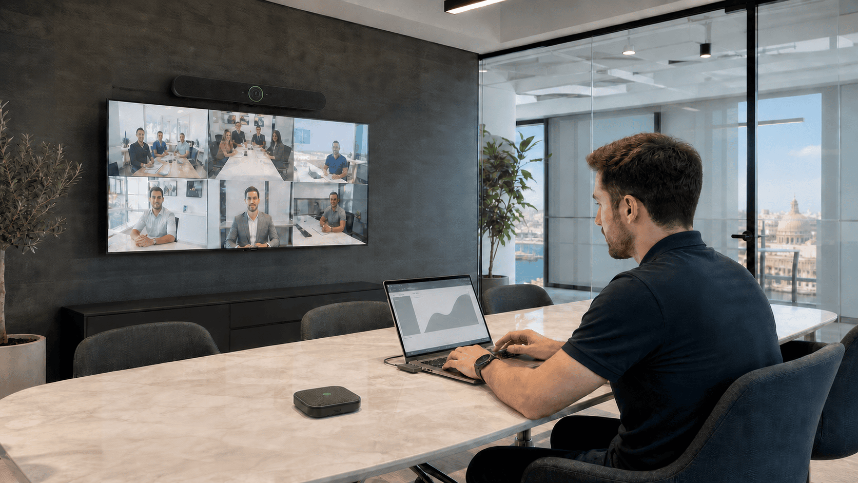 AV support technician diagnosing a TB6X video conferencing bar and wireless table microphone with a laptop